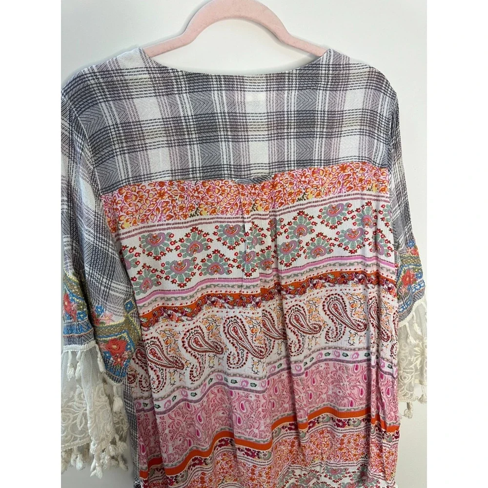 John Mark Boho Embroidered Plaid Tunic Top Lace Tassel Sleeve Blouse Womens XL - Picture 12 of 14